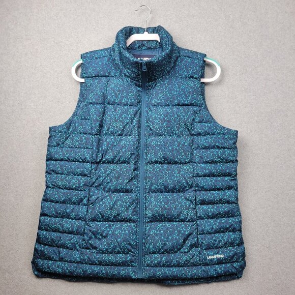 Lands End Puffer Vest Womens Large 14-16 Blue Teal Geometric Down Insulated - Picture 1 of 10